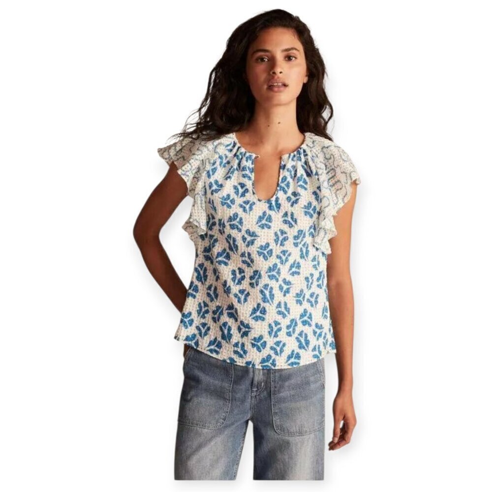 Rebecca Taylor Perla Silk Flutter Sleeve Blouse XS Blue White Floral Top Ruffle